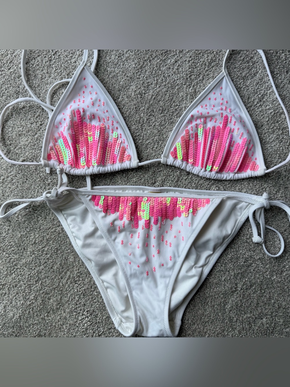 Victoria’s Secret Beach Sexy Sequin String Bikini Set M/L White Pink